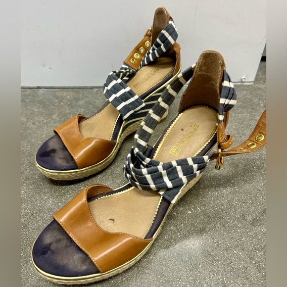 Sperry Top Sider Aurora Blue White Cross Striped Leather Wedge Sandals Size 8 - Picture 7 of 15